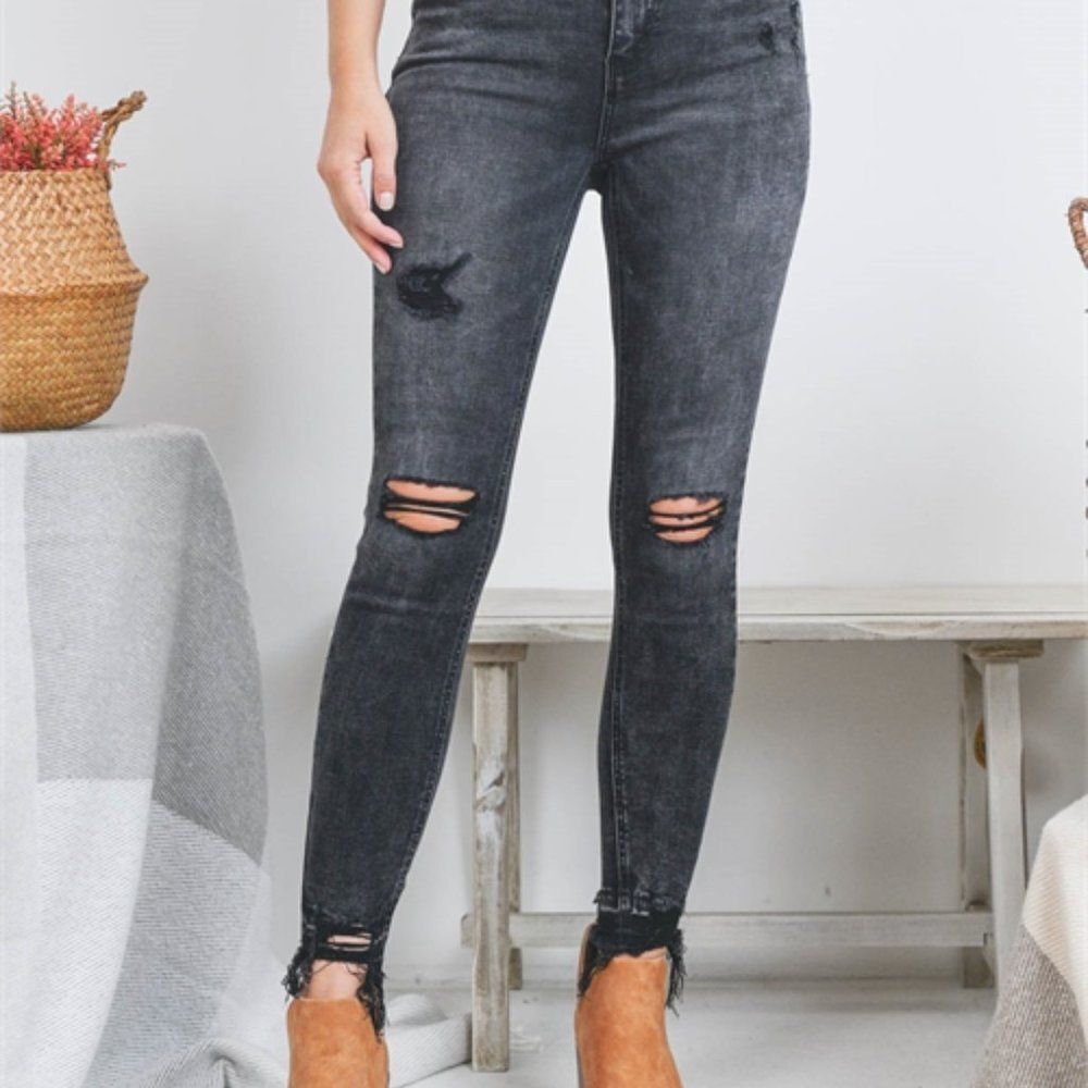 Clearance- Sizes 0-15 BLACK DISTRESSED JEANS - Picture 2 of 10